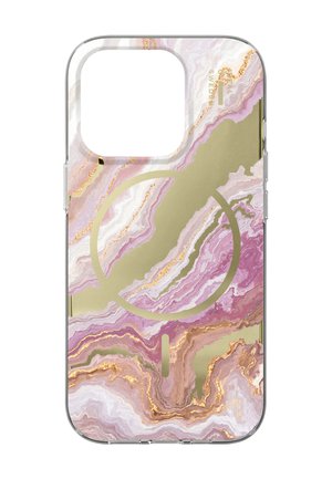 Phone case with pink and gold marble pattern, highlighting a circular magnetic ring and a large square camera cutout.