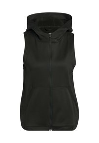 Black hooded vest, sleeveless design, made of smooth fabric. Features a front zipper, two side pockets, and clean stitching.
