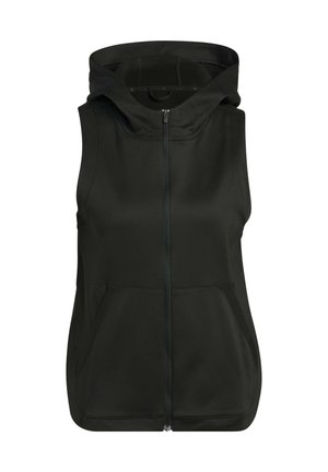 Musta huppari, ilman hihoja, valmistettu sileästä kankaasta. Varustettu etujakopitkällä vetoketjulla, kahdella sivutaskulla ja siistillä ompelulla.