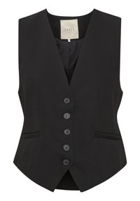 Gilet nero senza maniche con colletto a lancia, cinque bottoni e due tasche frontali. Realizzato in un tessuto liscio con una forma strutturata.