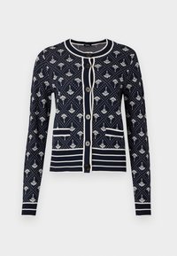 Navy cardigan with white floral pattern, featuring ribbed trim and striped accents. Five buttons down the front and two front pockets.