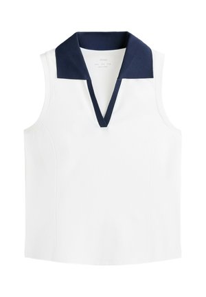Haut blanc sans manches avec col en V bleu marine profond, coupe ajustée, sans attaches ni motifs visibles.