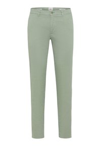Pantaloni verde chiaro realizzati in tessuto di cotone, caratterizzati da una vestibilità slim e una chiusura con un solo bottone in vita. Design minimalista senza pattern.