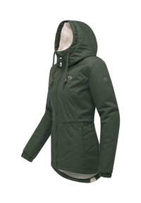 Dark green hooded jacket with a zip front, drawstring accents, elastic cuffs, and a white interior lining. Notable logo on sleeve.