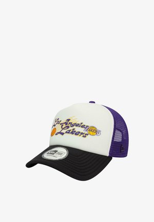 Black and purple cap with a white front panel, featuring "Los Angeles Lakers" logo and basketball graphic in purple and yellow. Adjustable strap.