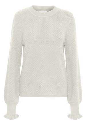 Pull en tricot texturé gris clair avec un col rond, des manches longues et des accents volants aux poignets. Présente un motif de diamants subtil.