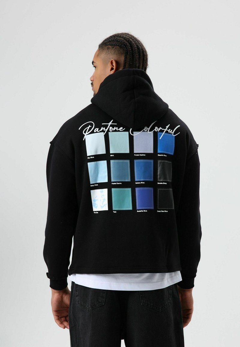 Zwarte hoodie met een raster van twaalf gekleurde vierkanten op de achterkant, gelabeld met Pantone-namen, die verschillende tinten blauw tonen.