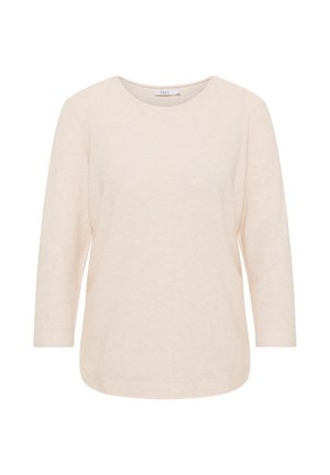 Vaaleanbeige pitkähihainen paita teksturoidusta neulekankaasta. Siinä on pyöreä pääntie ja rento istuvuus kaarevalla helmalla.