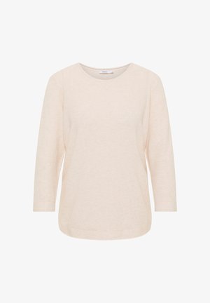 Lys beige langærmet top i et struktureret strikstof. Har en rund halsudskæring og en afslappet pasform med en buet kant.