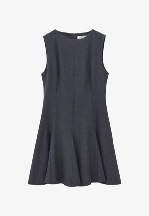 Sukienka bez rękawów w ciemnoszarym kolorze z dopasowanym gorsetem i rozkloszowanym dołem w kształcie litery A, wykonana z teksturowanej tkaniny; posiada zamek błyskawiczny z tyłu.