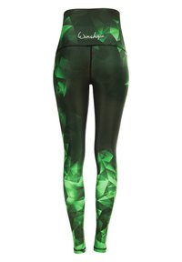 Grüne, geometrisch gemusterte Leggings mit einem hohen Bund und glattem, dehnbarem Stoff. Das Design umfasst dunkle und helle grüne Dreiecke.