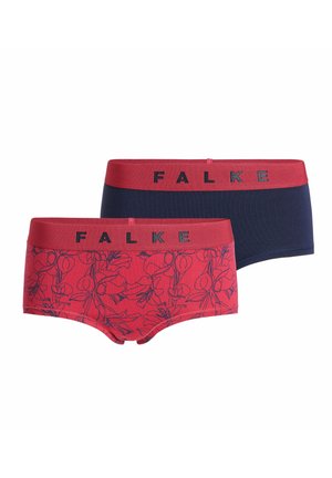 Dwie pary damskich bokserek. Jedne są czerwone z kwiatowym wzorem, a drugie jednolite w granatowym kolorze. Obie mają czerwony pas z napisem "FALKE" w czerni.