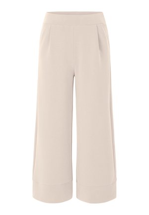 Bež široke culotte hlače visokog struka s bočnim džepovima i podvrnutim rubovima, prikazane na bijeloj pozadini.