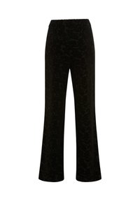 Pantalon large noir avec un motif floral en velours subtil et une taille élastique, présenté sur fond blanc.