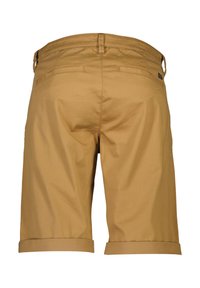 Khaki-shortsit, joissa on sileä pinta, käännetyt hihnat, kaksi takataskua ja vyölenkillä varustettu vyötärö. Kangas näyttäisi olevan kevyt ja kestävä.