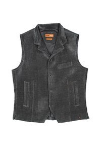 Graue Cordweste mit Kragen, Vorderknöpfen und zwei Seitentaschen. Auffällige Nähtextur und schlankes Design.