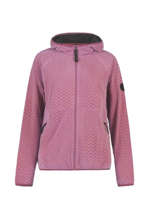 Roze jas met capuchon en chevronpatroon, ritssluiting aan de voorkant, twee ritssluitingen en een zwarte patch op de linkermouw.