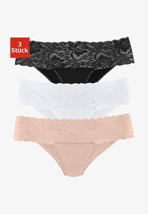 Trois paires de culottes avec dentelle, en noir, blanc et nude. Chacune présente des motifs floraux sur la taille et un tissu lisse.
