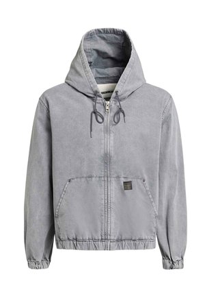 Jasnoszara bluza z kapturem na zamek błyskawiczny, z troczkami, elastycznymi mankietami, przednimi kieszeniami i małą naszywką z logo na dolnej części przodu.