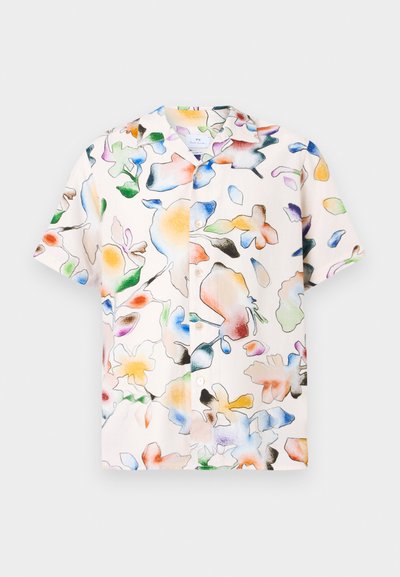 Camicia a maniche corte in tessuto leggero, con stampa floreale colorata con forme varie su uno sfondo neutro e chiusura con bottoni.