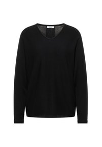 Musta, pitkähihainen V-kauluspaita, valmistettu pehmeästä kankaasta. Huomionarvoisia piirteitä ovat rento istuvuus ja koristellut kalvosimet lisäyksinä yksityiskohtiin.