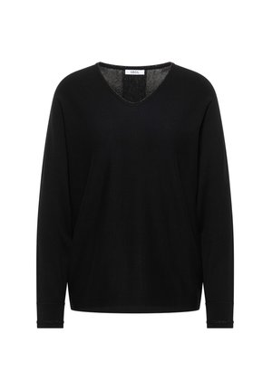 Zwarte V-hals top met lange mouwen gemaakt van zachte stof. Kenmerkend zijn de losse pasvorm en versierde manchetten voor extra detail.