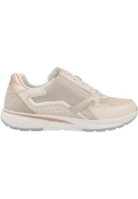 Lekkie buty sportowe w beżowym kolorze z siateczkową cholewką, zamszowymi akcentami i gumową podeszwą. Charakteryzują się gładkim wzornictwem i perforowanymi detalami.