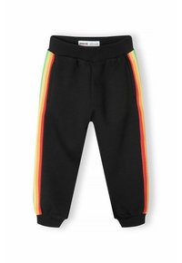 Svarta joggerbyxor i mjukt tyg, med färgglada ränder i rött, orange och gult längs sidorna och ribbade mudd.