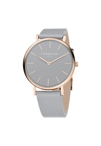 Runde Uhr mit grauem Ziffernblatt und roségoldenem Gehäuse, ausgestattet mit minimalistischen Stundenmarkierungen, einem hellgrauen Lederarmband und einer glatten Oberfläche.