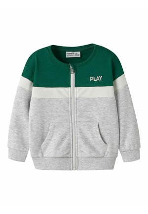Sweat-shirt zippé pour enfants avec blocs de couleur vert, blanc et gris clair et texte "PLAY" sur la poitrine, poches avant et poignets côtelés.