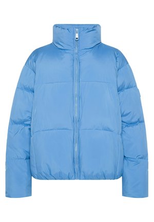 Hellblaues Daunenjacke mit hohem Kragen, Reißverschluss und gestepptem Design. Mit cropped Länge und weiten Ärmeln. Glatte Oberfläche.