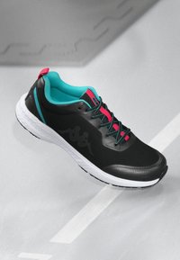 Black athletic shoe with turquoise accents and red laces. Features textured upper, white sole, and a logo on the side. Lightweight design.