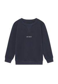 Sweat-shirt col rond bleu marine en tissu doux, avec des poignets et un ourlet côtelés. "LES DEUX" imprimé en blanc sur le devant. Design classique avec des détails minimaux.
