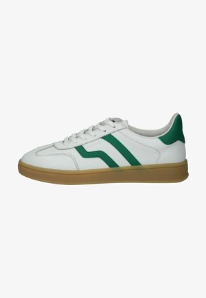 Weiße Sneaker mit grünen Akzenten und Streifen. Aus glattem Leder mit einer strukturierten Gummisohle gefertigt. Schnürverschluss mit gepolstertem Schaft.