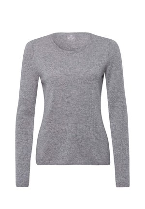 Grauer Strickpullover mit langen Ärmeln und rundem Ausschnitt. Weiche Textur mit schlichtem Design und minimalen Details.