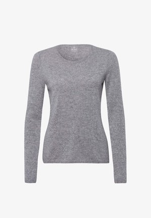 Šedý pletený svetr s dlouhými rukávy a kulatým výstřihem. Měkká textura s jednobarevným designem a minimálním zdobením.