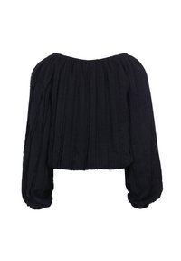 Donkerblauwe, cropped blouse met een textuurdesign met verticale strepen, een off-the-shoulder halslijn en lange, opbollende mouwen.