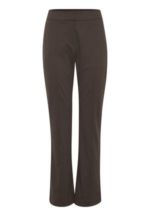 Smešane smeđe hlače od glatkog materijala, s širokim pojasom i ravnim krojem nogavica s prednjim nabranim detaljima.