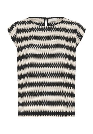 Black and white striped short-sleeve top with a textured design, featuring a round neckline and back keyhole opening.