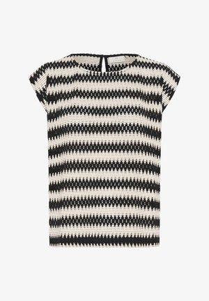 Mustvalge triibuline lühikeste varrukate ja tekstuurse disainiga särk, millel on ümmargune kaelus ja seljas võtmeaugu avamine.