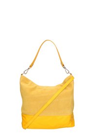 Borsa gialla in suede e pelle sintetica con forma curva, manico superiore e tracolla staccabile. Texture liscia con blocco di colori.