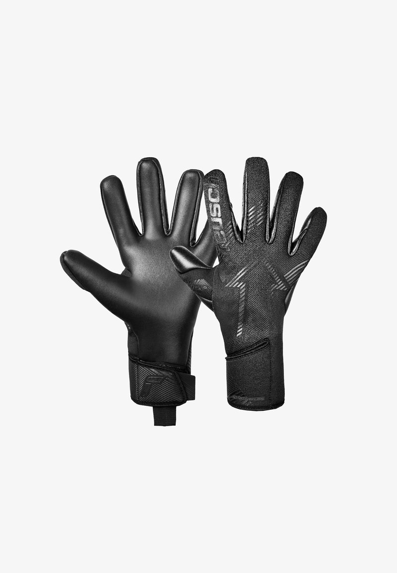 Schwarze Torwarthandschuhe mit einer glatten Latexbasis, strukturiertem Handrücken mit geometrischem Muster und verstellbarem Handgelenkband für einen sicheren Sitz.