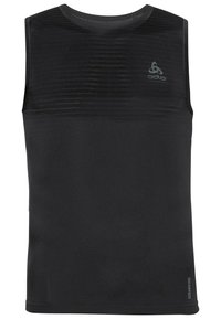 Zwarte mouwloze sporttop gemaakt van een gladde, lichte stof; heeft een horizontale ribbelstructuur aan de bovenste voorkant.