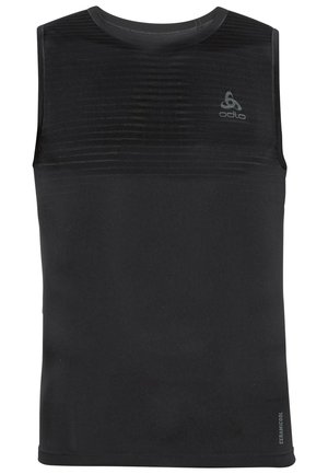 Schwarzes ärmelloses Sportshirt aus einem glatten, leichten Material; verfügt über eine horizontale Rippstruktur an der oberen Vorderseite.