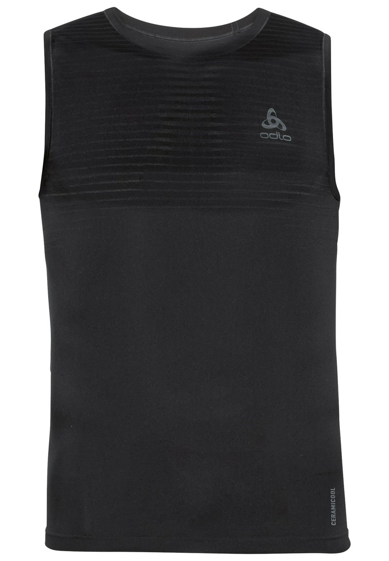 Zwarte mouwloze sporttop gemaakt van een gladde, lichte stof; heeft een horizontale ribbelstructuur aan de bovenste voorkant.