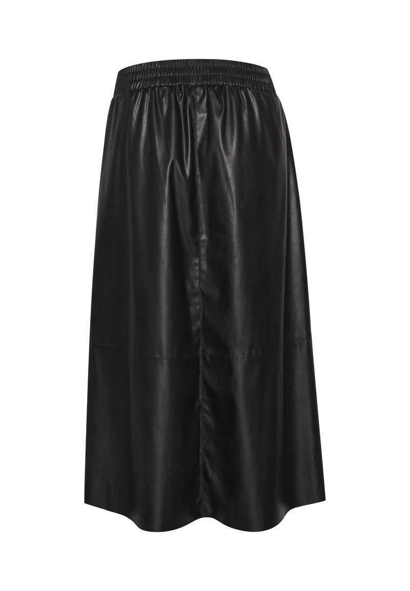 Zwarte leren rok met een elastische tailleband, tot de knie, met een gladde structuur en een iets uitlopende silhoutte. Geen zichtbare patronen.