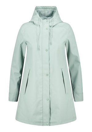 Licht mintgroene regenjas met een capuchon, voorzien van drukknoopsluitingen, twee zijzakken, verstelbare koorden en een gladde, waterafstotende afwerking.
