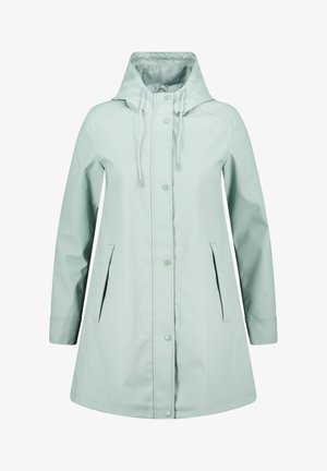 Imperméable vert menthe clair avec capuche, doté de boutons-pression, de deux poches latérales, de cordons de serrage ajustables et d'une finition lisse et résistante à l'eau.