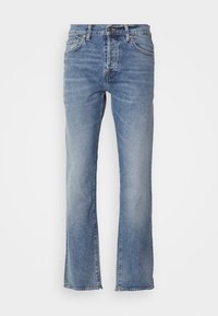 Jeans in denim azzurro chiaro con un taglio dritto. Presentano una vita a media altezza, un design a cinque tasche e una leggera sfumatura con un orlo pulito.