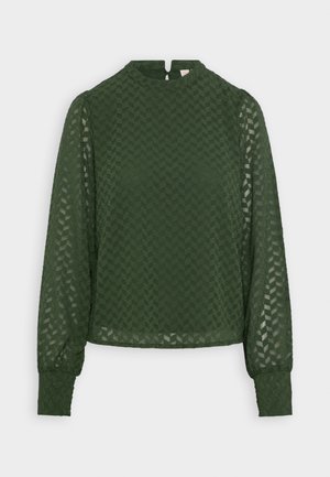 Dark green long-sleeve blouse with a high neckline, textured geometric pattern, and gathered cuffs. Features a keyhole back closure.